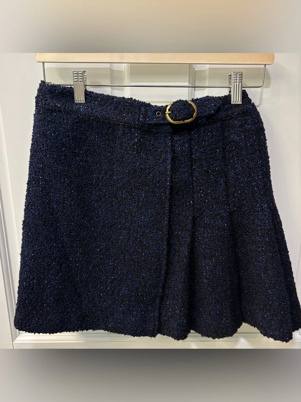 Hill House Blair Skirt Navy Tweed Pleated Mini, Size Small, Elastic Waist